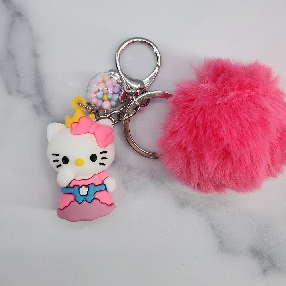 Hello Kitty 3D Figure Keychain puff ball & mini bead filled bubble Pink Princess